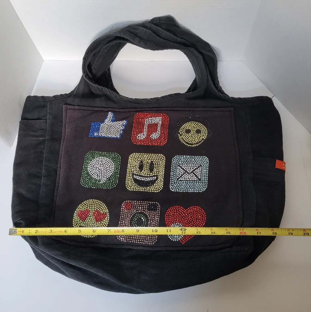 Emoji Crystals on Black Denim Tote Bag Book Bag by Butter Very Rare - Picture 3 of 7